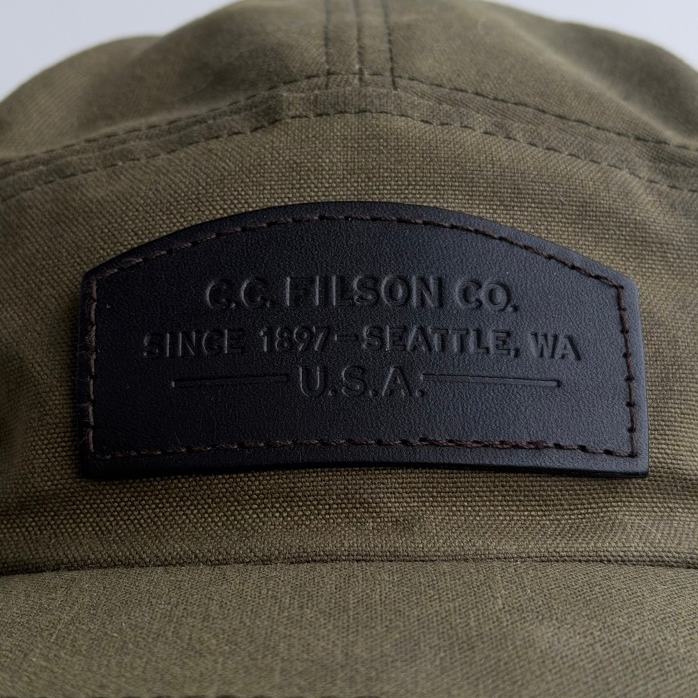 Filson Tin Cloth 5-Panel Cap Mens Olive Green Waxed Canvas Hat Leather Strap - Picture 4 of 10